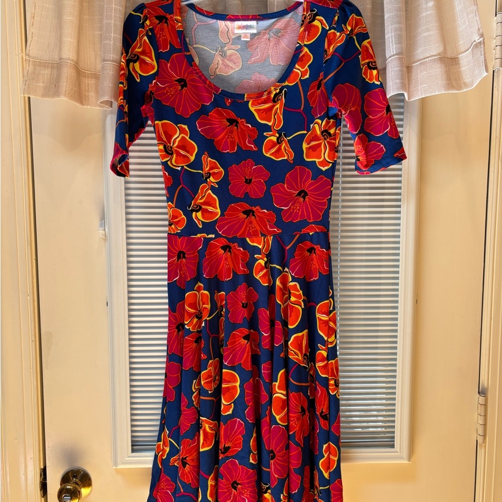 LuLaRoe Orange Red Fit and Flare Midi Dress